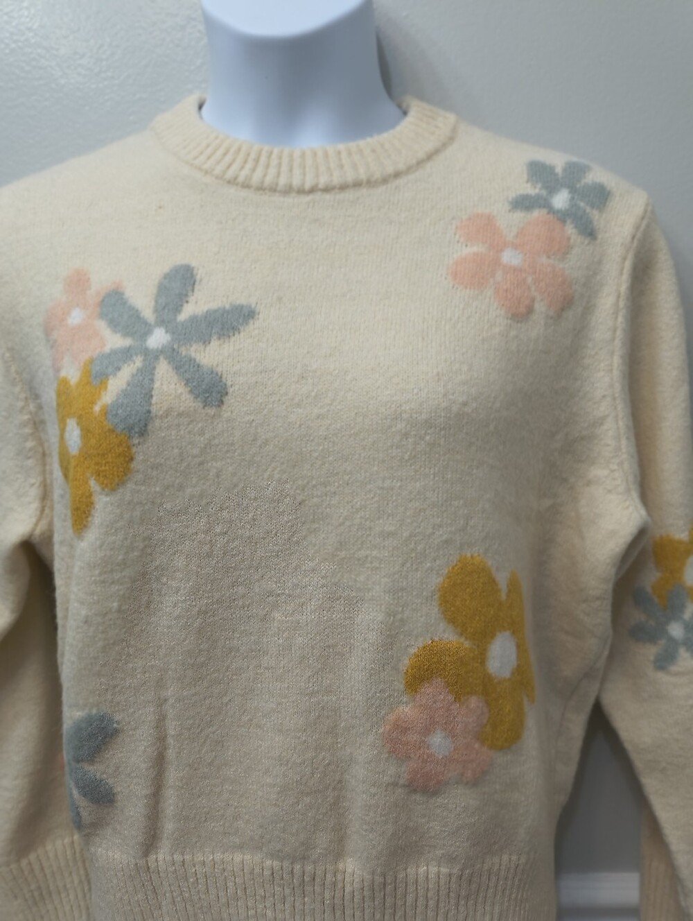 In Loom Retro Pastel Crewneck Knit Sweater Cream w/Blooms S Cottage Core Boho